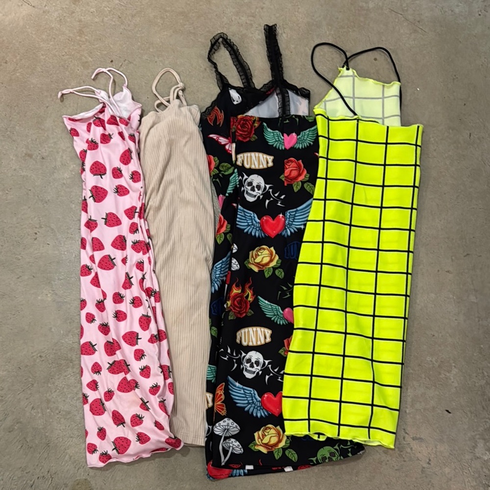 SHEIN Multi-Color Mini Dresses Set lot medium strawberry floral skulls neon